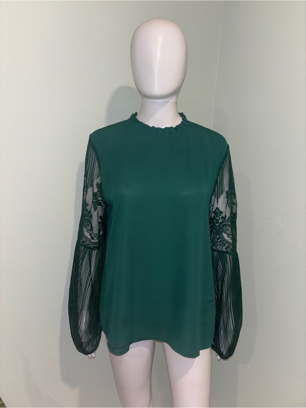 SHEIN Green Mock Neck Blouse with Sheer Floral Lace Sleeves - XL